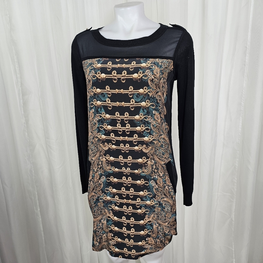 Cluny Silk And Knit Black and Gold Chain Pattern Dress Size Small
